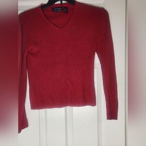 Cable&Gauge L SILK CASHMERE Red LngSlv Ribbed V-neck Women’s Sweater
